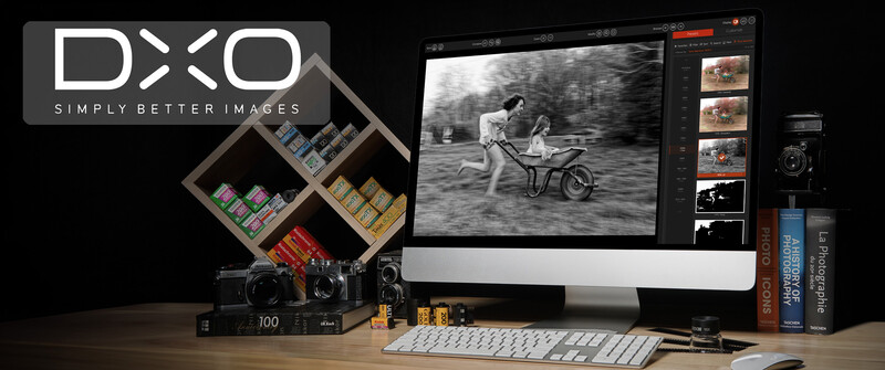 DXO photography software interface displaying black and white image of person on bicycle with motion blur.