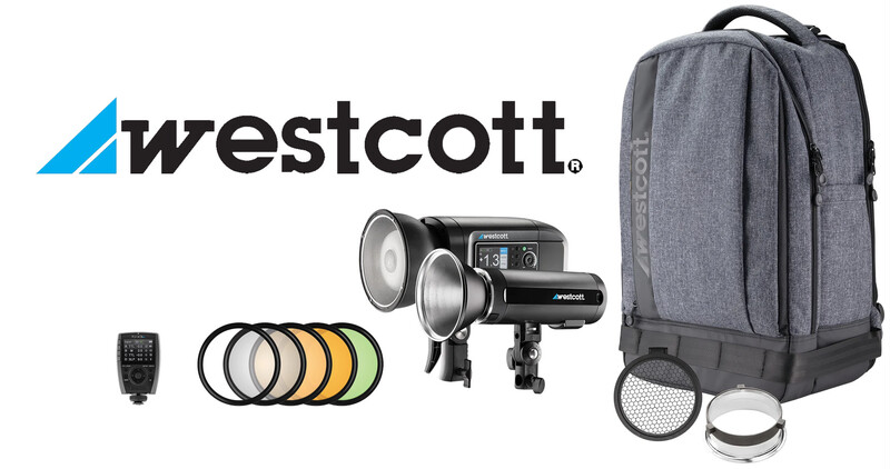 Westcott photography lighting and camera gear kit including flash units, color filters, backpack, and accessories.