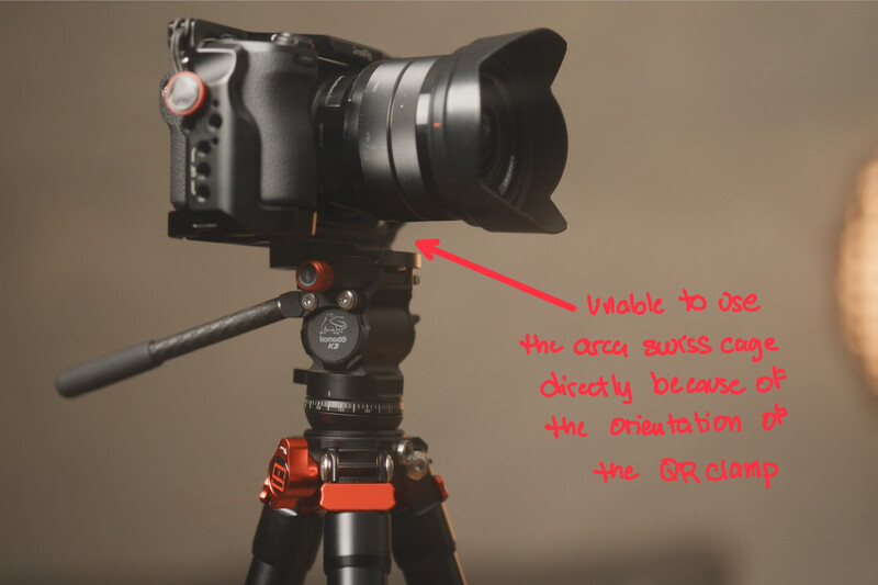 Professional camera on tripod with red annotation indicating the quick cage attachment point on the tripod head.