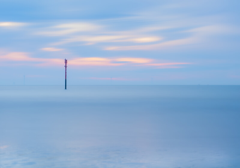 Solitary wooden post emerging from calm water at dusk with soft pink and blue sky.