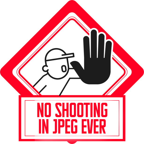 Illustration of a warning sign featuring a person with a stop hand gesture and text reading "No Shooting in JPEG Ever."
