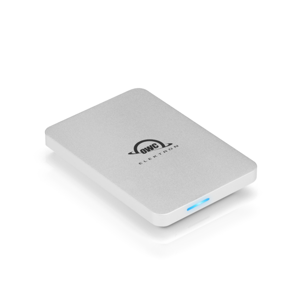 White portable external hard drive with rounded corners and a small blue LED indicator light.