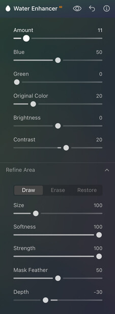 Screenshot of Water Enhancer adjustment panel with sliders for Amount, Blue, Green, Original Color, Brightness, Contrast, and other parameters.