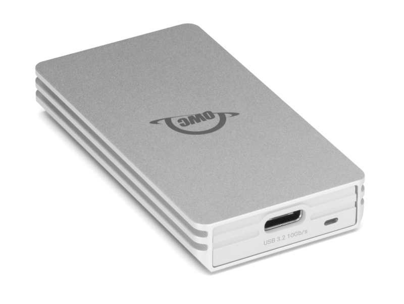 Silver external hard drive with logo on top and USB-C port visible on white end panel.