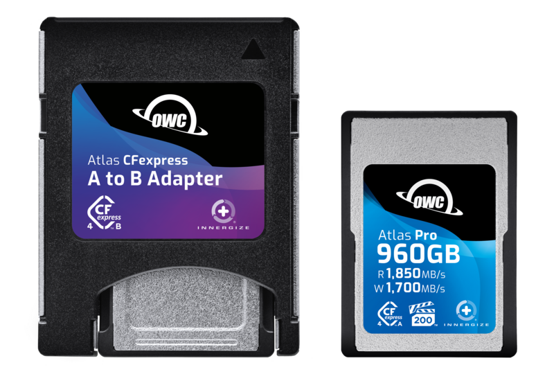 OWC Atlas CFexpress A to B Adapter next to OWC Atlas Pro 960GB CFexpress card.