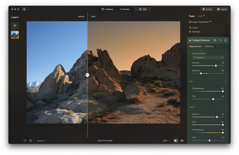Screenshot of photo editing software showing before-and-after comparison of rocky desert landscape with adjustment panels.