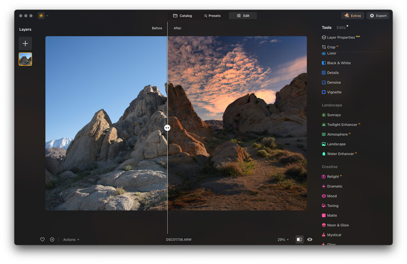 Screenshot of photo editing software showing before and after comparison of rocky desert landscape.