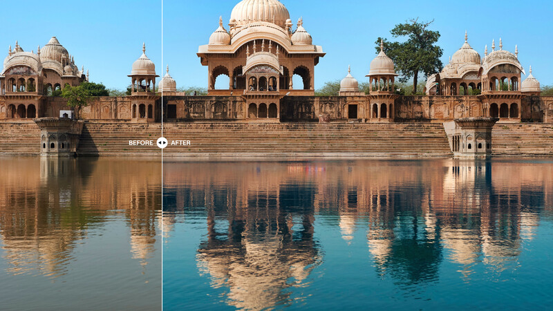 Before and after comparison of an ornate sandstone palace reflected in still water, showing enhanced color and clarity.