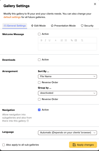 Screenshot of Gallery Settings panel showing configuration options for downloads, arrangement, navigation, and language preferences.