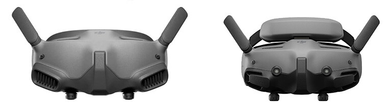 Front and rear views of a drone controller with articulating antenna arms and integrated display housing.