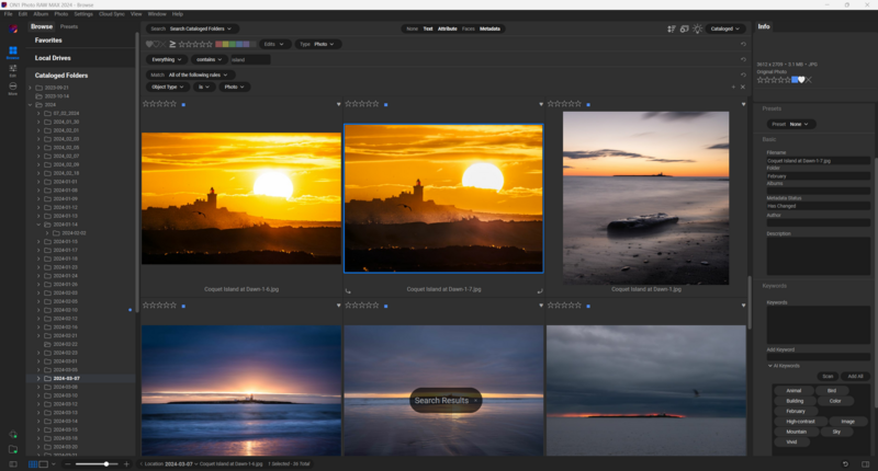 Screenshot of photo management software displaying a grid of sunset and sunrise landscape photographs.