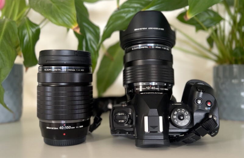 Mirrorless camera body with two interchangeable lenses and lens hood displayed on white surface with potted plants in background.
