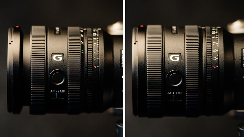 Side-by-side comparison of a camera lens showing autofocus and manual focus performance differences.