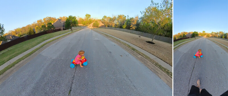 Child in bright pink and blue clothing sitting on a straight suburban road, captured from two perspectives.