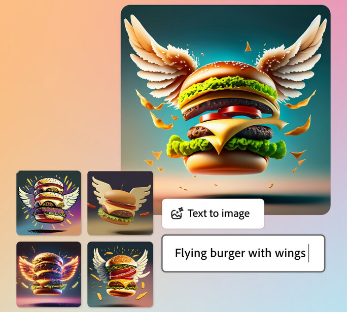 Illustration of a hamburger with golden wings and layered ingredients stacked vertically.