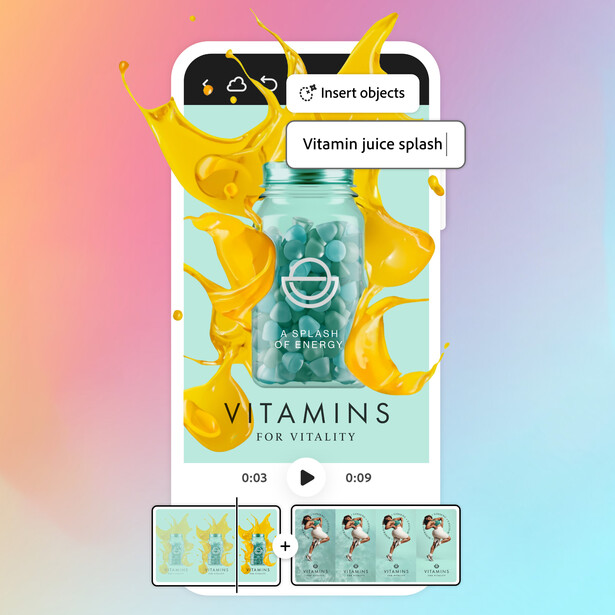 Screenshot of a vitamin juice product video interface with yellow citrus splash and playback controls.
