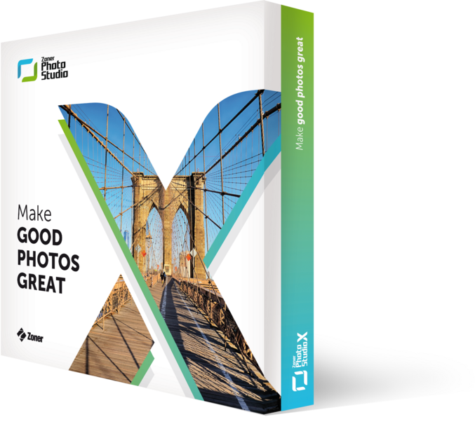 Software box for photo editing tutorial with architectural bridge photo displayed in large X-shaped composition.
