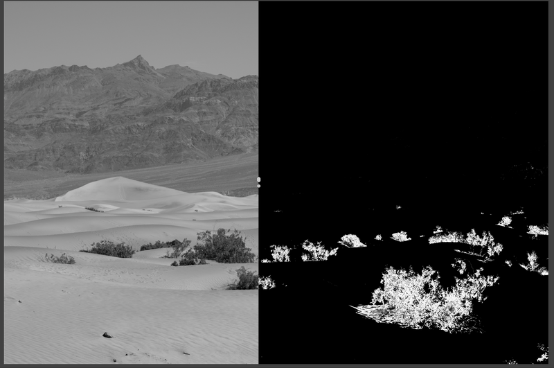 Desert sand dune landscape with mountains and sparse vegetation, split-screen comparison with thermal or infrared visualization.