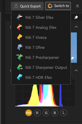 Screenshot of Nikon lens filter software interface showing filter options and histogram display.
