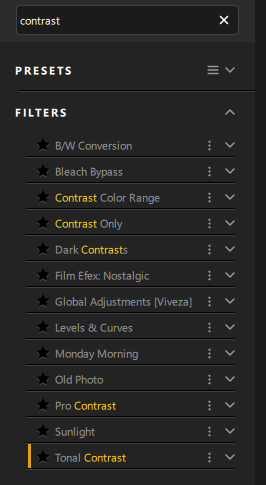 Screenshot of Lightroom's Contrast panel showing preset filter options like Bleach Bypass and Dark Contrasts.
