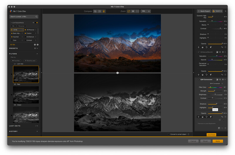Screenshot of Lightroom Classic showing color and black-and-white versions of a mountain landscape during golden hour.