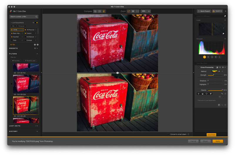 Screenshot of photo editing software showing before and after comparison of a red vintage cooler with color grading adjustments.