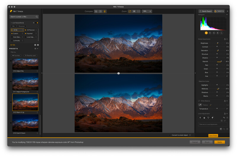 Screenshot of photo editing software displaying mountain landscape with comparison slider between two versions.