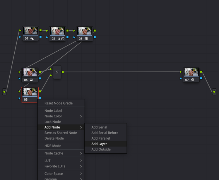 Screenshot of a node-based compositor showing connected image processing nodes with a context menu open.
