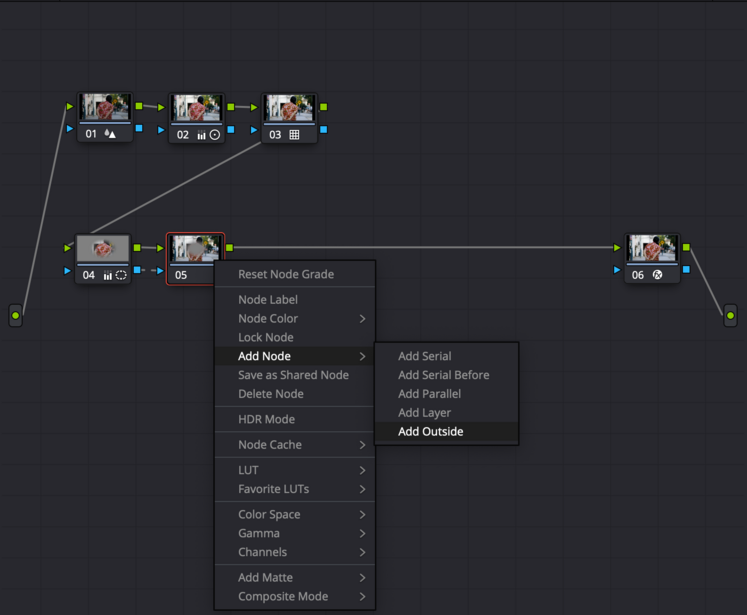 Screenshot of a node-based editing interface with multiple connected nodes and a context menu open.