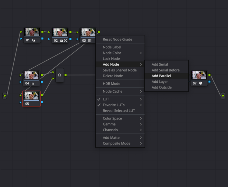 Screenshot of a node-based color grading interface with multiple video clips connected through adjustment nodes.