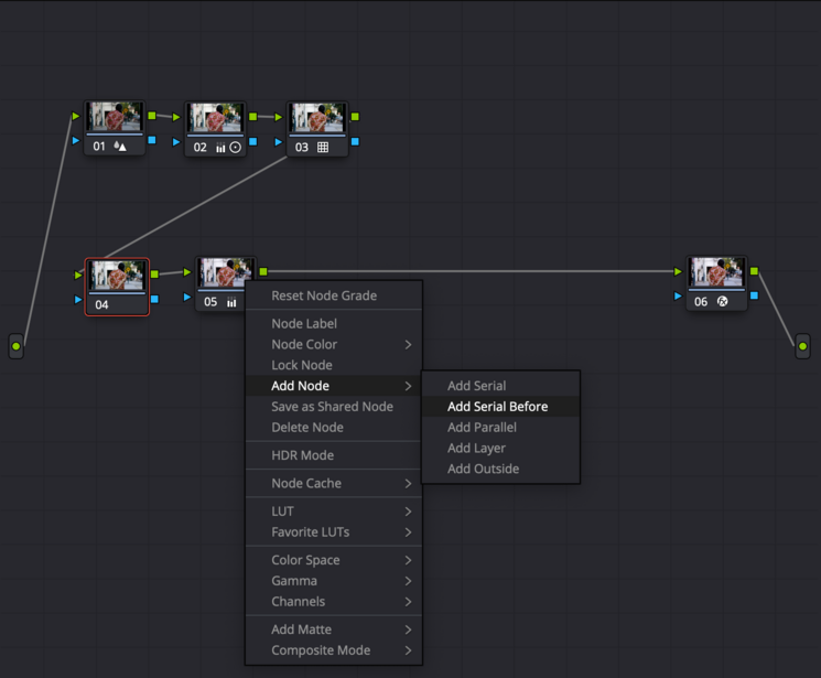 Screenshot of video editing software showing node-based color grading interface with context menu open.