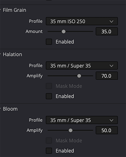 Screenshot of photo editing software showing Film Grain, Halation, and Bloom adjustment panels with profile selections and amount sliders.