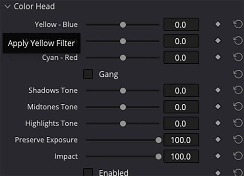Screenshot of color grading control panel with Yellow-Blue, Cyan-Red, and tone adjustment sliders.