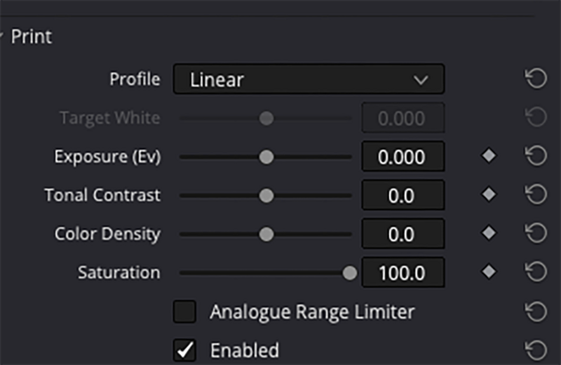 Screenshot of print color profile settings panel with Linear mode selected and various adjustment sliders.