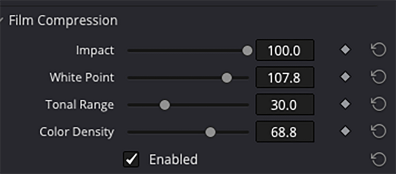 Screenshot of Film Compression settings panel with sliders for Impact, White Point, Tonal Range, and Color Density.