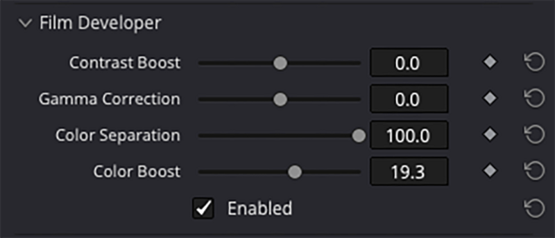 Screenshot of Film Developer color grading controls with sliders for contrast, gamma, color separation, and color boost settings.