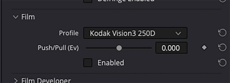 Screenshot of film scanning software showing Kodak Vision3 250D profile settings with Push/Pull exposure adjustment at 0.000 Ev.