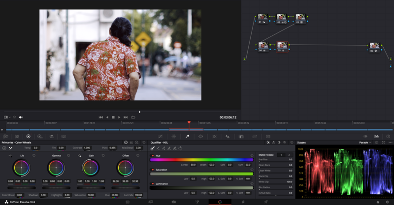 Screenshot of video editing software showing color grading interface with waveform monitors and timeline.