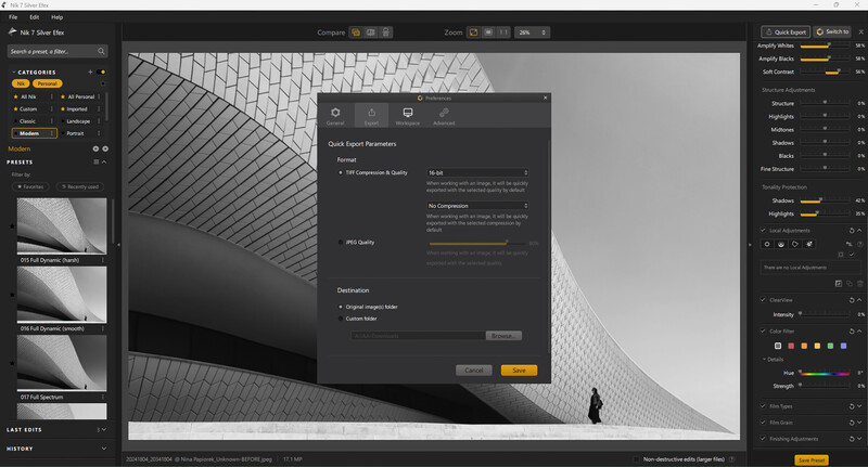 Screenshot of Adobe Lightroom Classic showing architectural photography with geometric patterns and a dialog box for quick export settings.