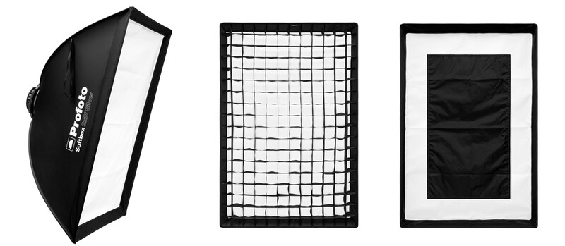 Three studio lighting modifiers arranged side by side: a rectangular softbox with diffusion panel, a grid, and a reflector.