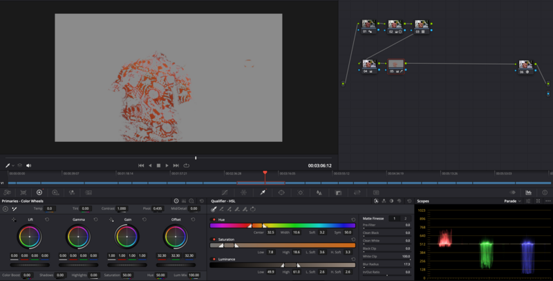 Screenshot of video editing software showing a red particle effect in preview window with timeline and color grading controls.