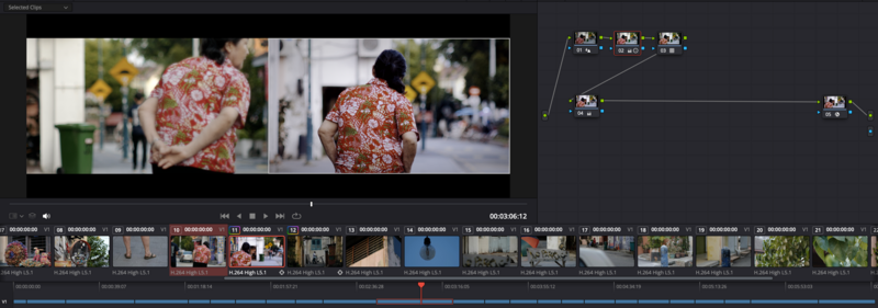 Screenshot of video editing timeline showing multiple clips with thumbnail previews and a detailed view of two shots of a person wearing a patterned orange and red floral shirt.