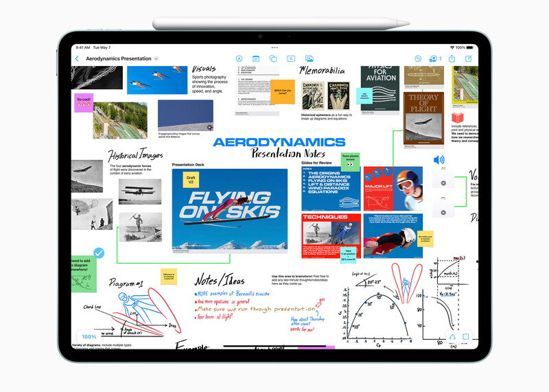 Screenshot of a digital design workspace displaying aerodynamics presentation materials and flying-related graphics on a tablet screen.