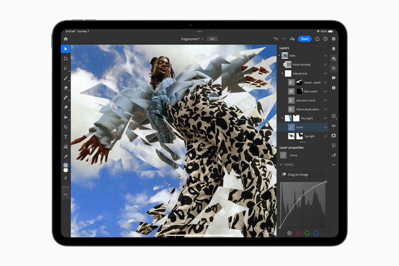 Screenshot of Adobe Photoshop displaying a composite image of a person mid-leap against a blue sky with geometric shapes.