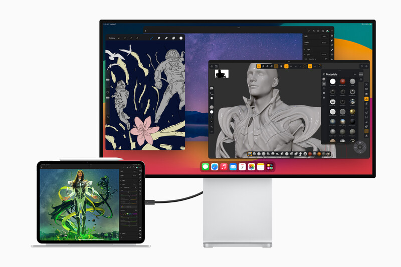 iPad and monitor displaying digital art editing software with colorful illustrations and adjustment panels.