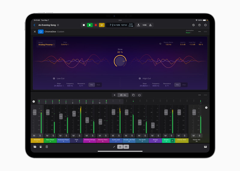 Screenshot of digital audio production software displaying waveform analysis and multi-track mixer interface.
