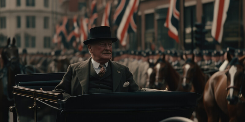 Man in formal attire seated at a grand piano during a public ceremony with crowds and flags in the background.
