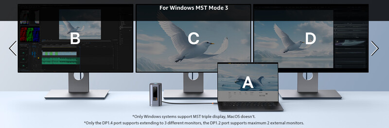 Diagram showing a laptop and three external monitors displaying flying birds, illustrating Windows MST triple display setup.