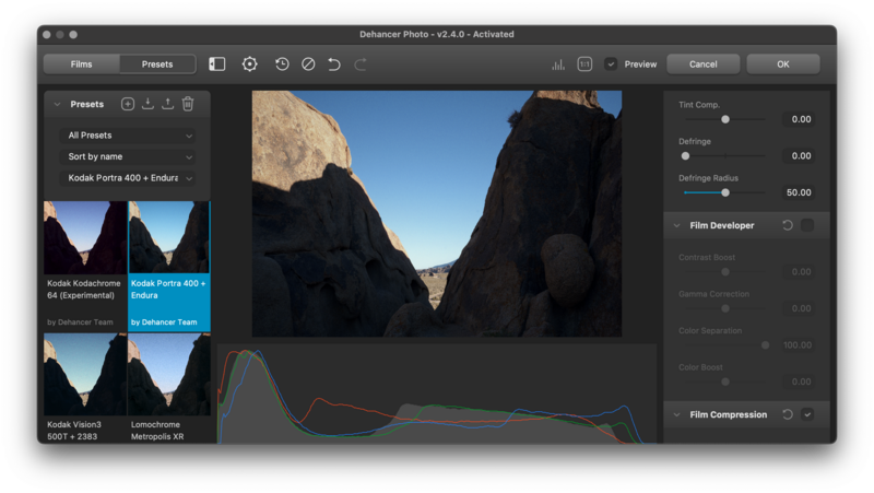 Screenshot of Definer photo editing software showing presets panel with landscape image of rocky canyon and histogram display.