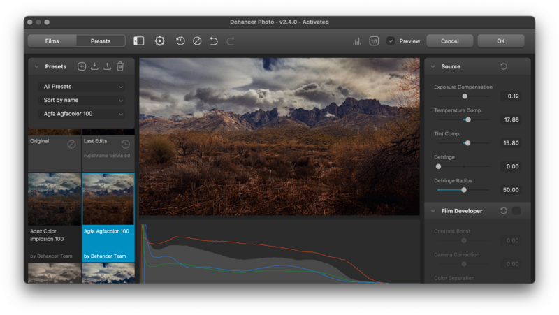 Screenshot of Dehancer photo editing software showing desert landscape with adjustment curves displayed.